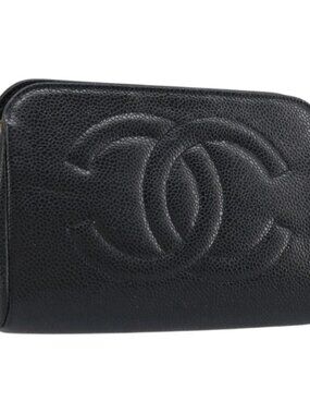 CHANEL Pouch Grained Calf Skin Black Gold CC Auth bs33477